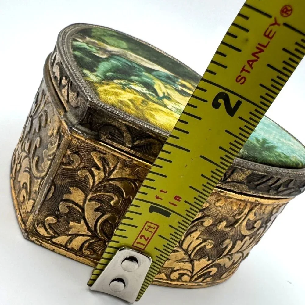 Schmid Bros Vtg Heart-Shaped Metal Trinket Box Silk Art Lid 